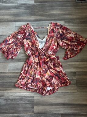 Tropical Leaf Print V-Neck Romper in Red & Orange